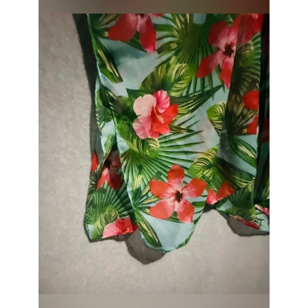 Tropical Floral Kimono Cardigan One Sz Hibiscus Palm Leaf Sheer Resortwear Blue - Picture 8 of 8